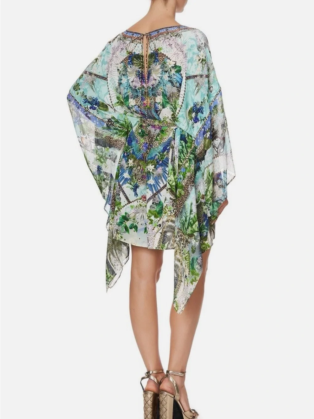 Camilla Silk Moon Garden Floral Multicolor Rhinestone Kaftan Mini Dress - Picture 3 of 7